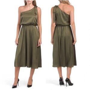 Nicole Miller Green Asymmetrical Ruched Midi Dress